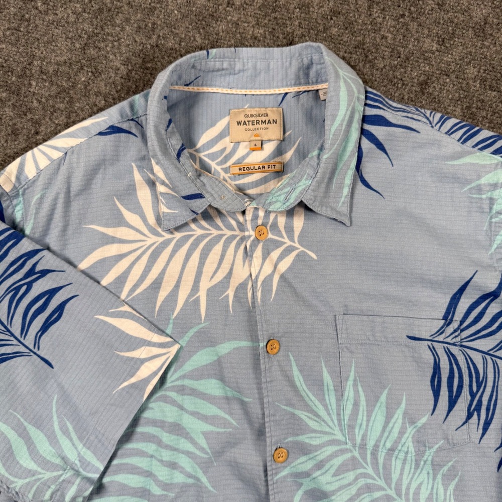 Quiksilver Waterman‎ Collection Shirt Large Blue Palm Tree Aloha Hawaiian Men's